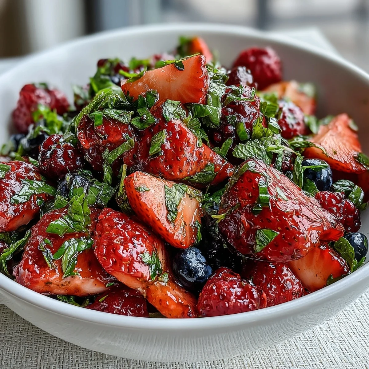 Bright bowl of Fresh Summer Berry Salad with Mint and Honey, bursting with ripe strawberries and blueberries on a sunny table.