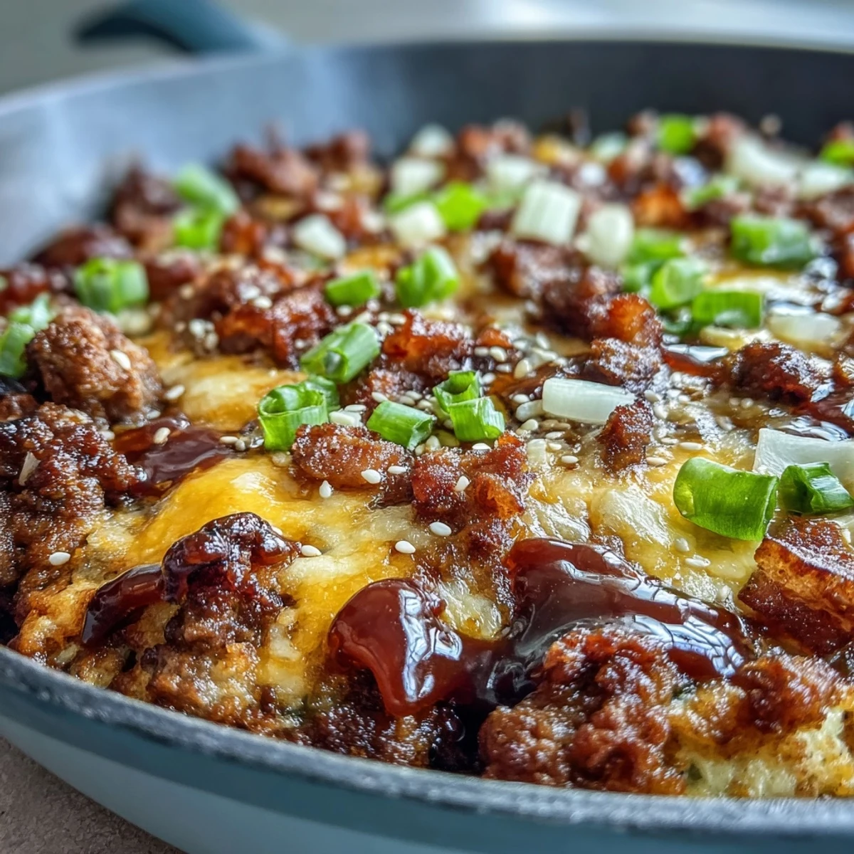 Keto BBQ Bacon Cheeseburger Skillet with melted cheddar, crispy bacon, and fresh green onions served in a rustic pan.