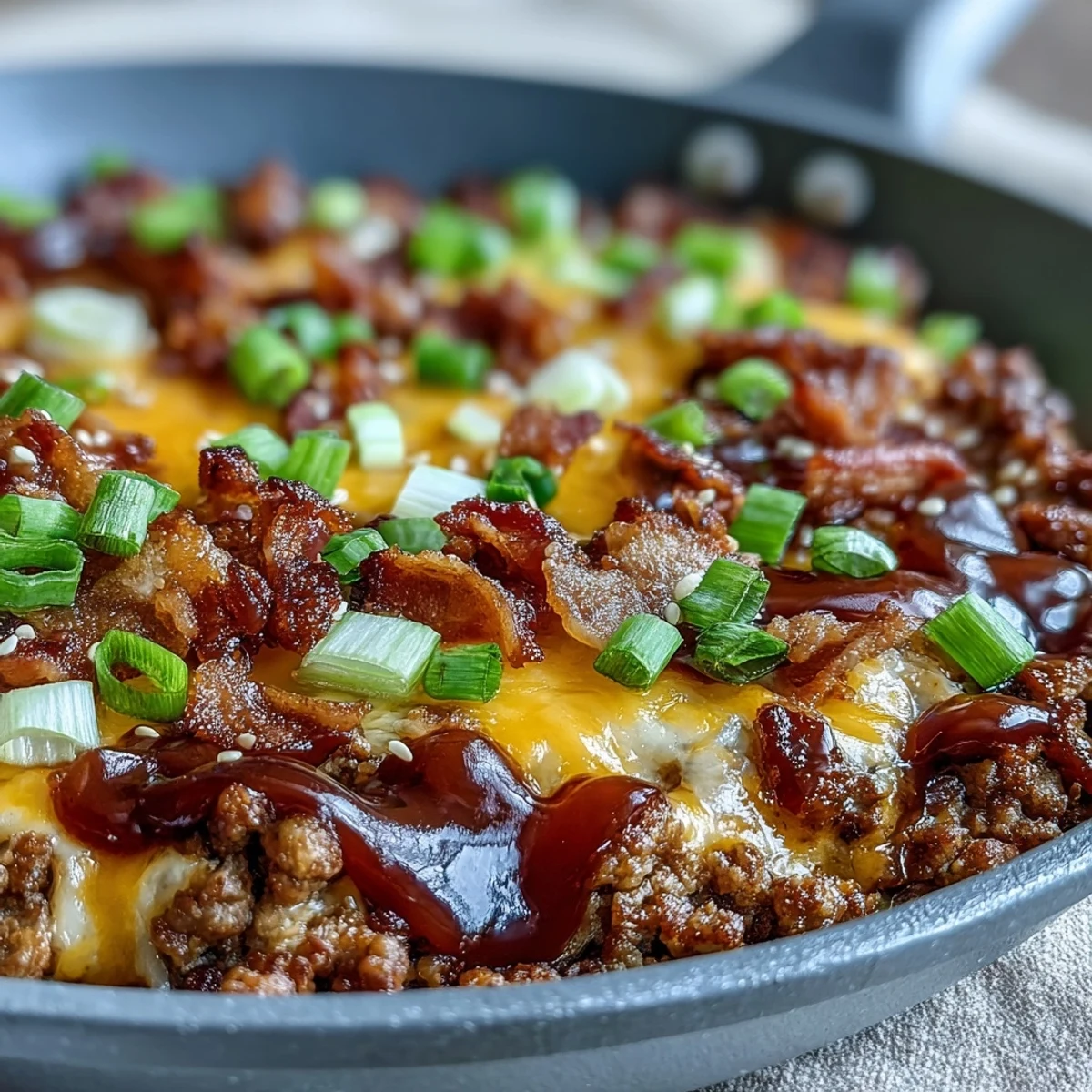 Steam rises from a skillet of Keto BBQ Bacon Cheeseburger Skillet, topped with sesame seeds and vibrant sliced green onions.