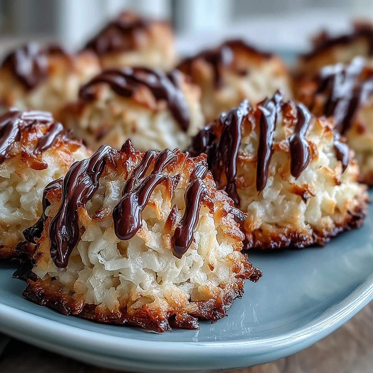 Freshly baked Vegan Coconut Macaroons with Dark Chocolate Drizzle cool on a parchment-lined tray, their golden edges visible.