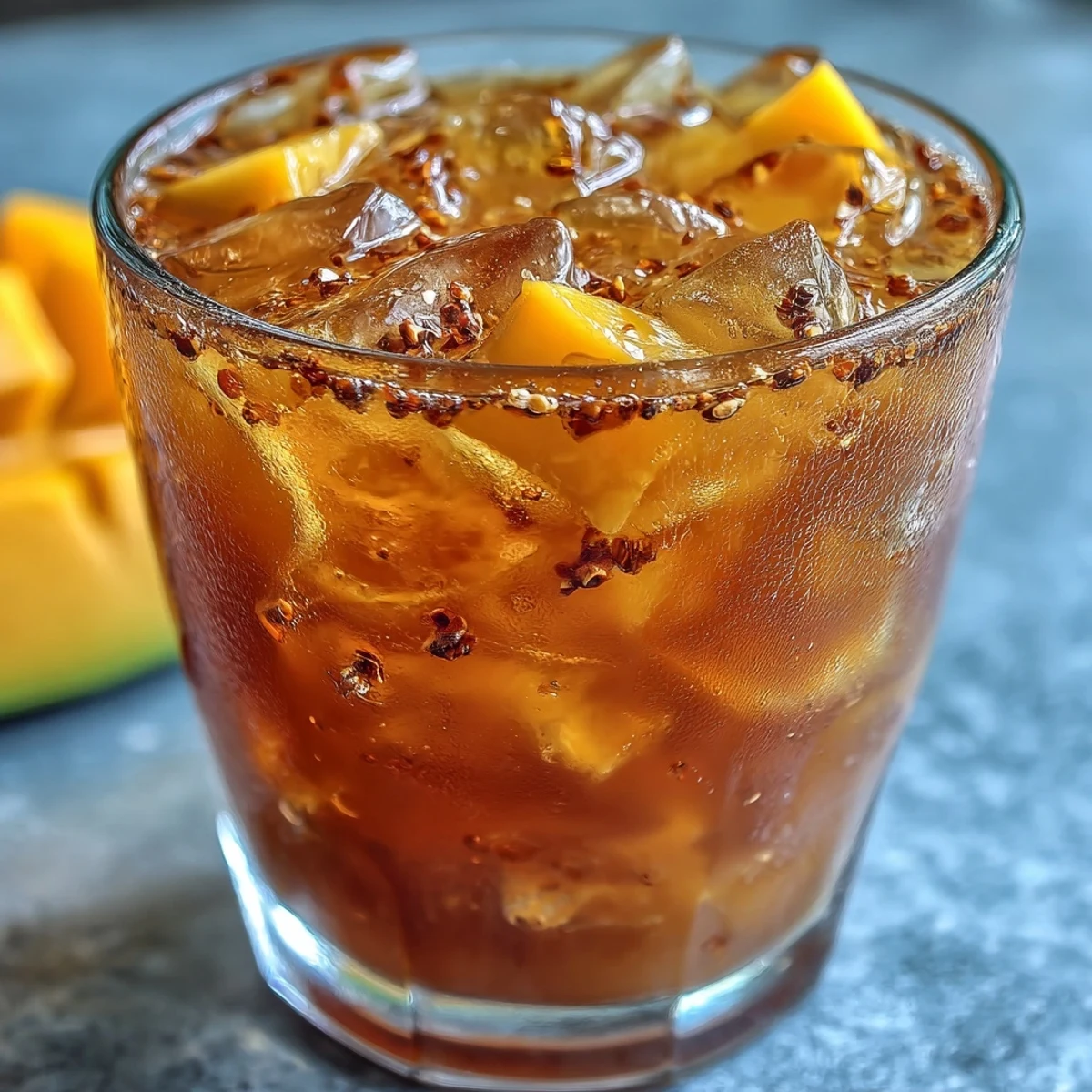 Chilled Mango Iced Tea in a tall glass with ice cubes and fresh mango garnish.