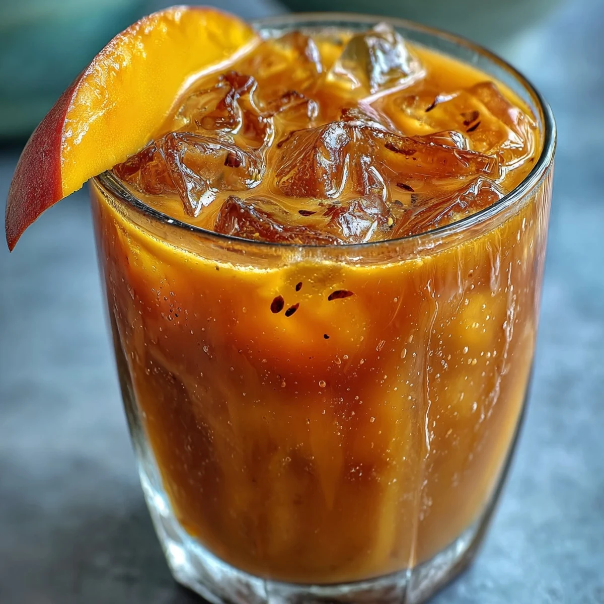 Summer refreshment: sweet Mango Iced Tea served over ice with mint and lime wedge.