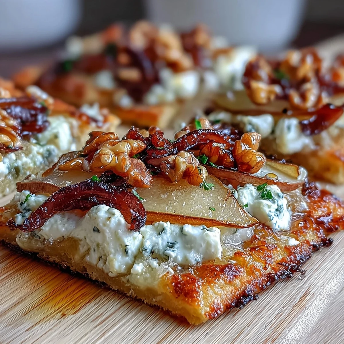 Elegant appetizer flatbread featuring a blend of goat and cream cheese, ripe pear slices, toasted walnuts, and a kick of hot honey.  