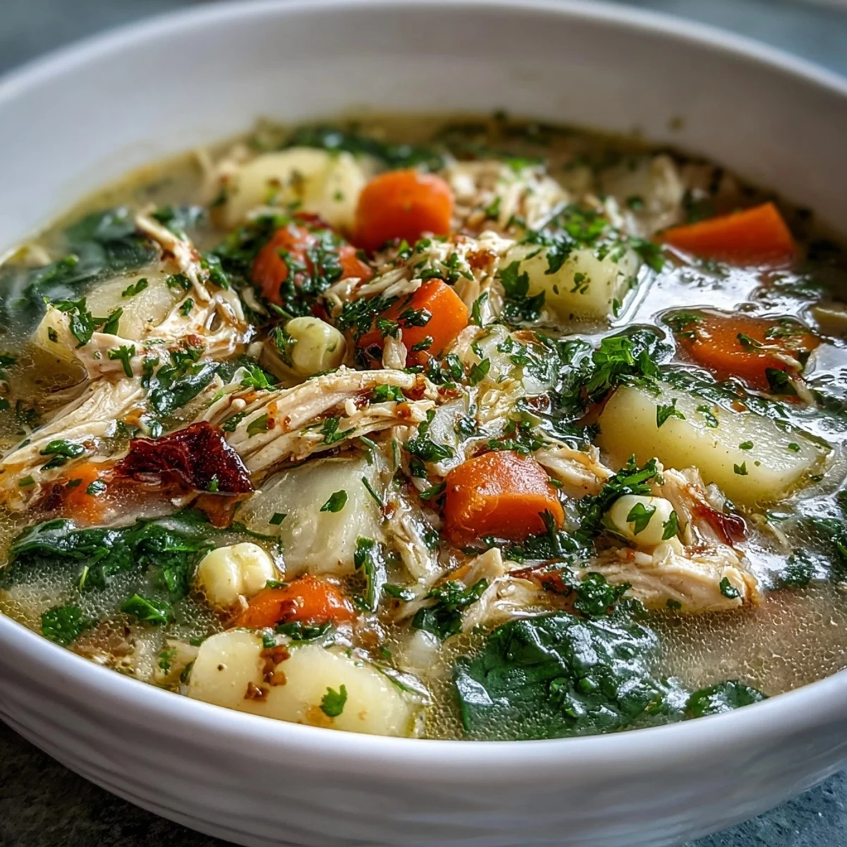 Creamy ranch chicken veggie soup with tender shredded chicken, fresh herbs, and colorful vegetables in a comforting broth.
