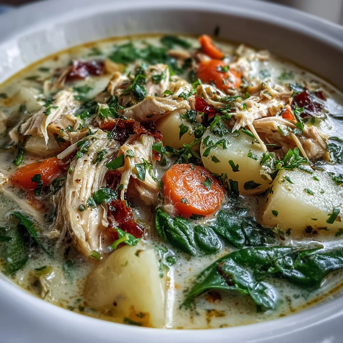 Hearty bowl of ranch-seasoned chicken and vegetable chowder, topped with parsley and chives, perfect for chilly evenings.