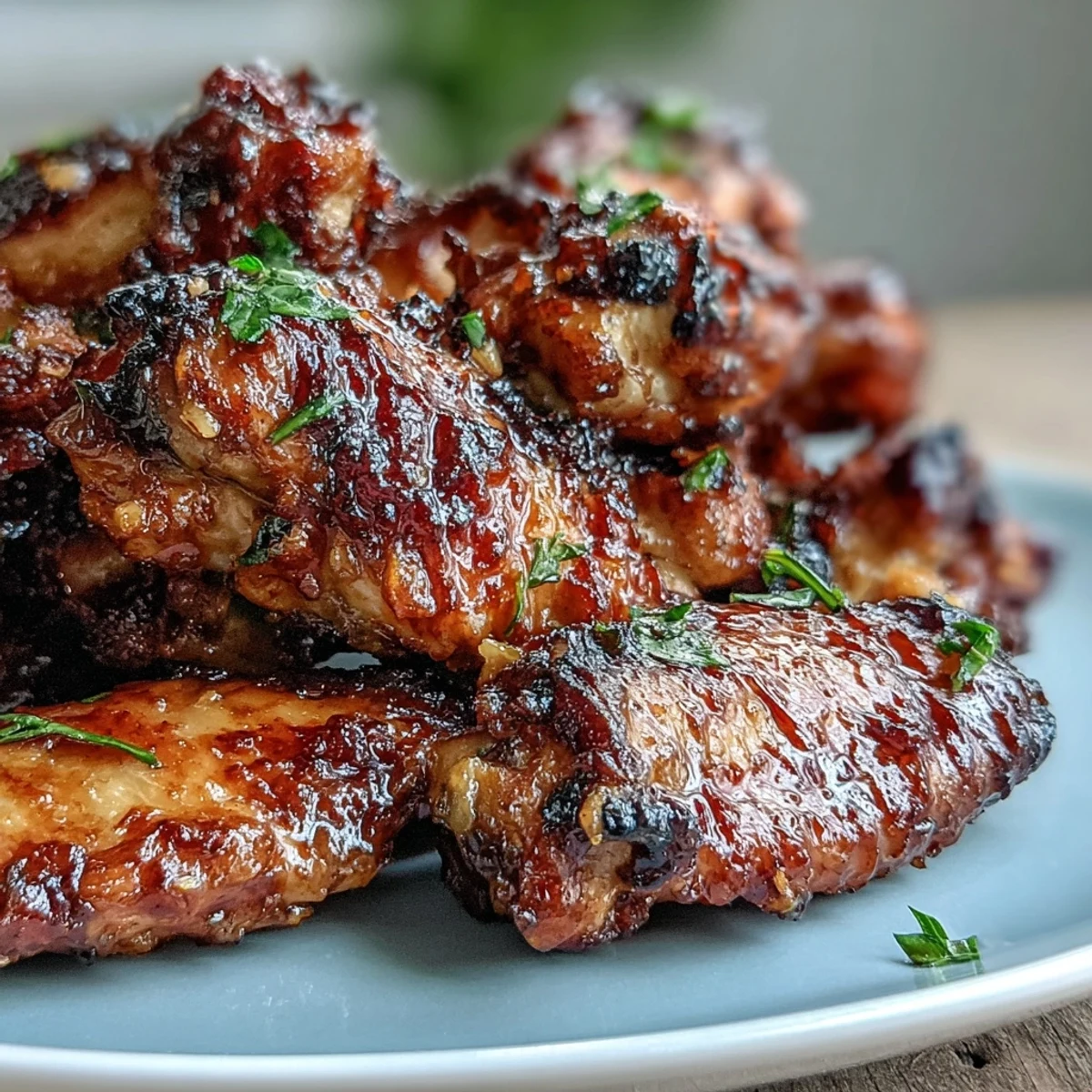 Oven-baked honey garlic chicken wings and rice served on a white plate, garnished with fresh parsley and drizzled with sticky honey garlic sauce.