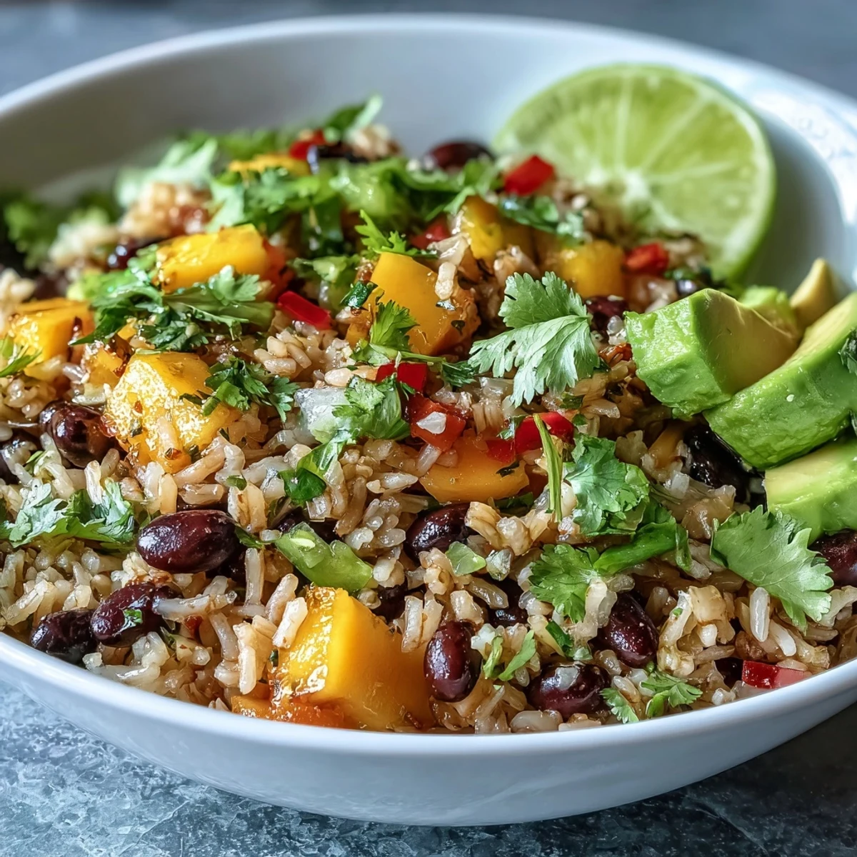 Vibrant vegan Mango and Black Bean Brown Rice Fiesta Bowls with fresh cilantro, sweet corn, and creamy avocado slices.