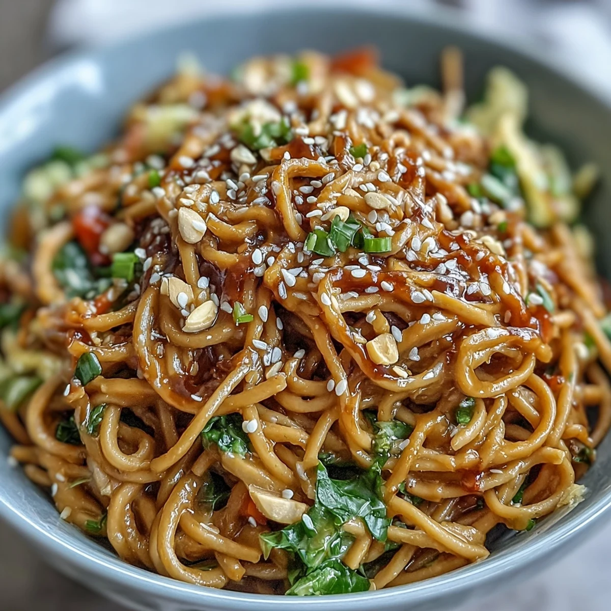 Nutty soba noodles and crunchy vegetables coated in creamy spicy peanut sauce, garnished with peanuts and lime.