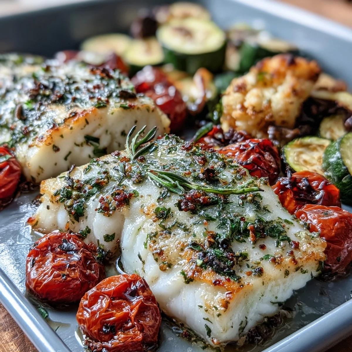 Sheet pan garlic herb tilapia with zucchini and cherry tomatoes, roasted to perfection with vibrant veggies and zesty lemon.  