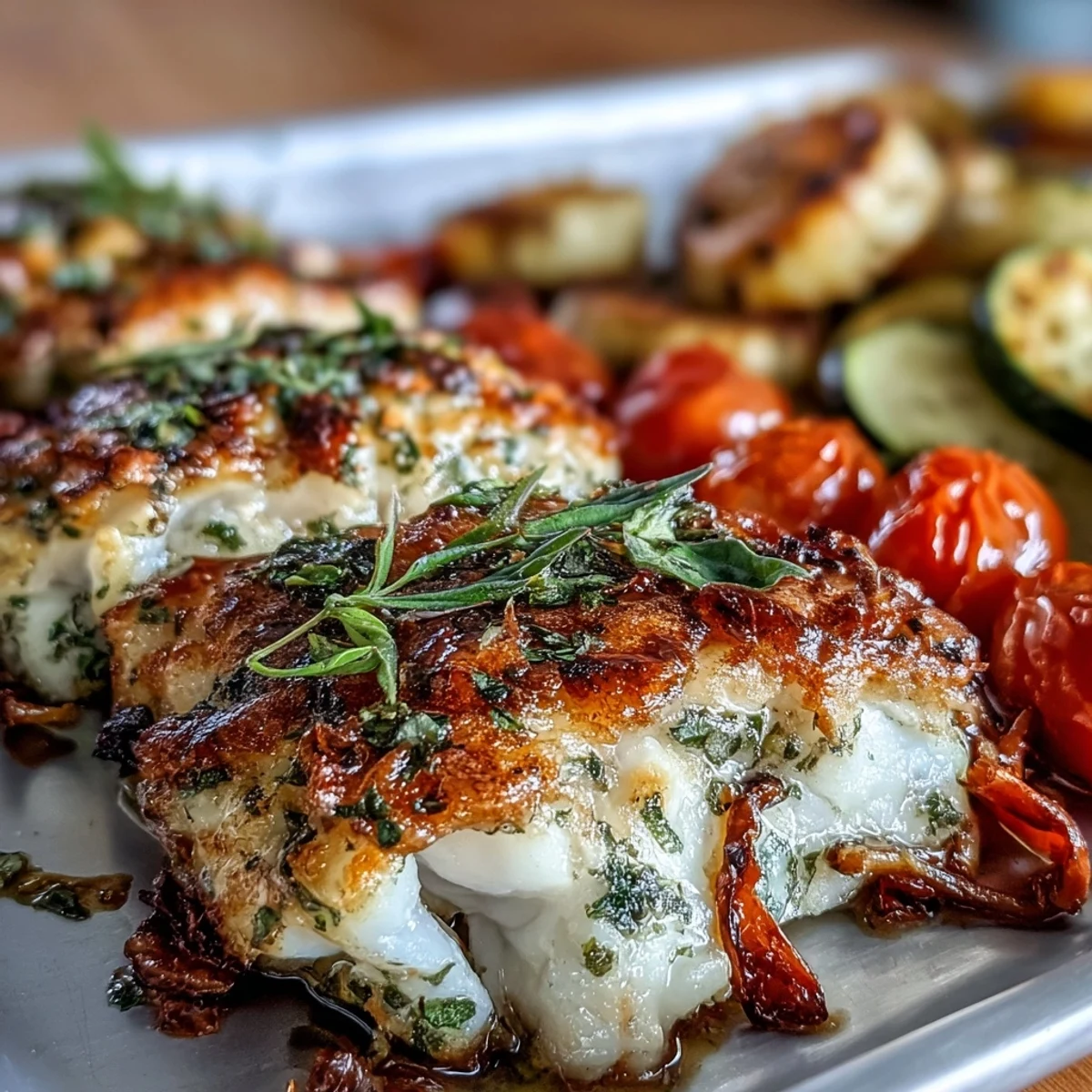 Healthy sheet pan dinner of tender tilapia fillets with fresh zucchini and cherry tomatoes, seasoned with garlic and herbs.  