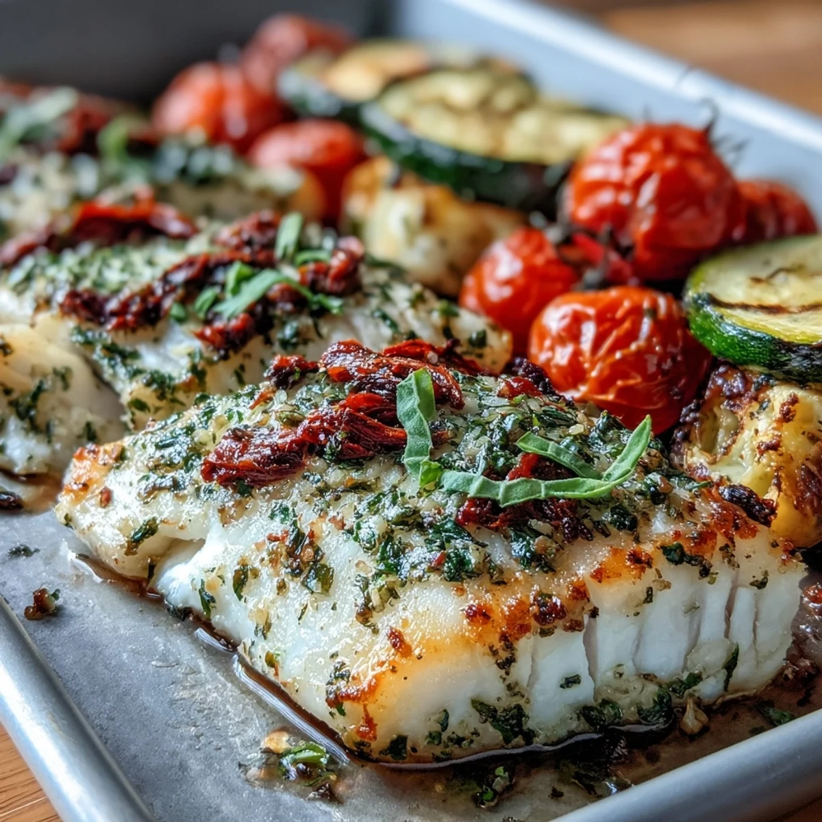 Easy one-pan meal featuring flaky garlic herb tilapia alongside roasted zucchini and sweet cherry tomatoes, ideal for busy weeknights.