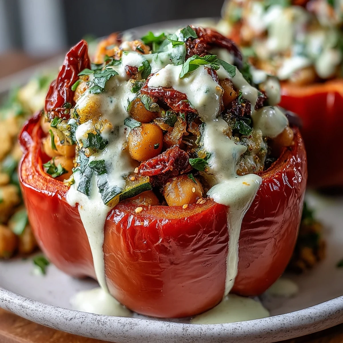 Roasted bell peppers filled with herbed chickpea and quinoa mixture, topped with tangy lemon tahini for a satisfying plant-based meal.  