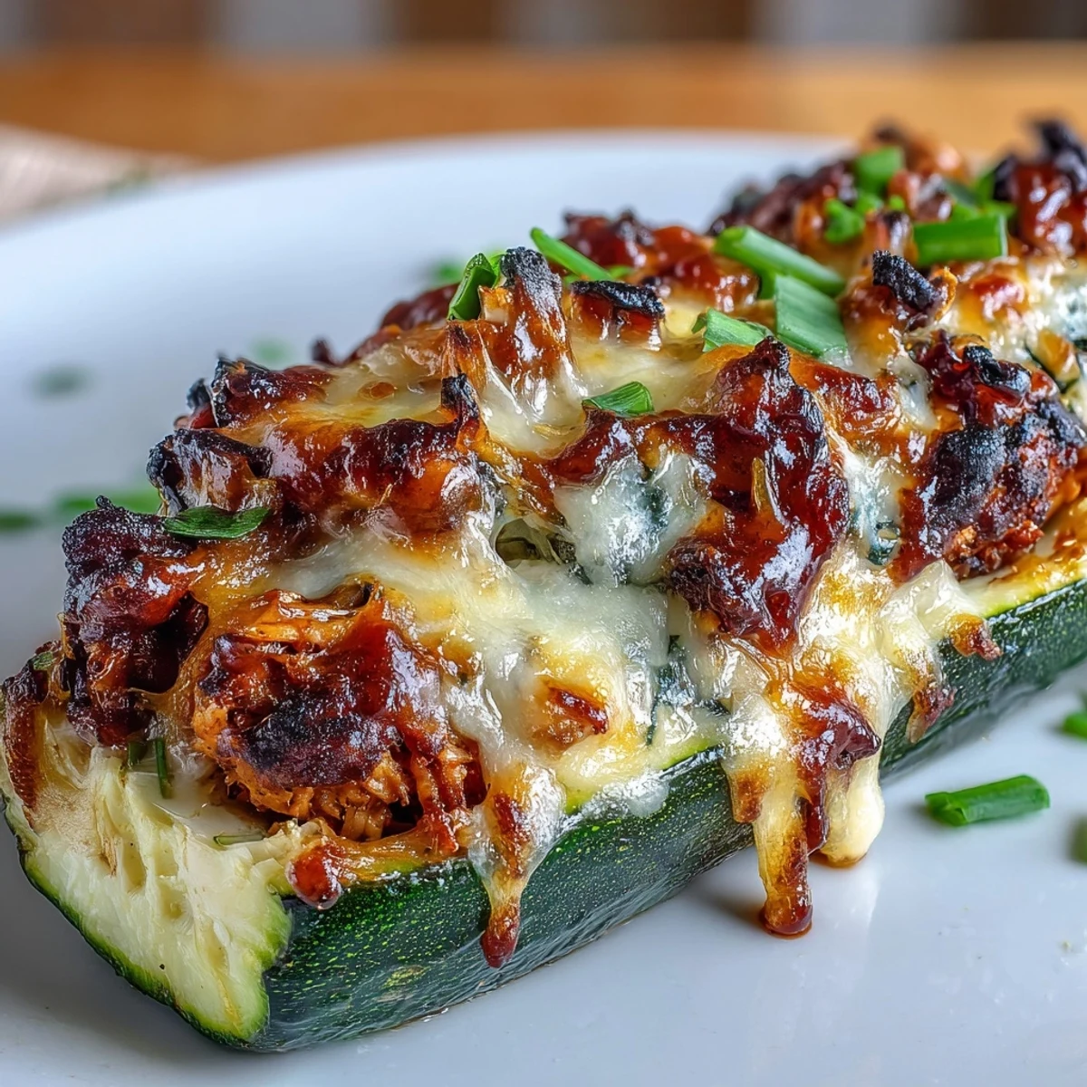 Healthy BBQ chicken stuffed zucchini boats with melted cheese, served fresh from the oven on a baking sheet.