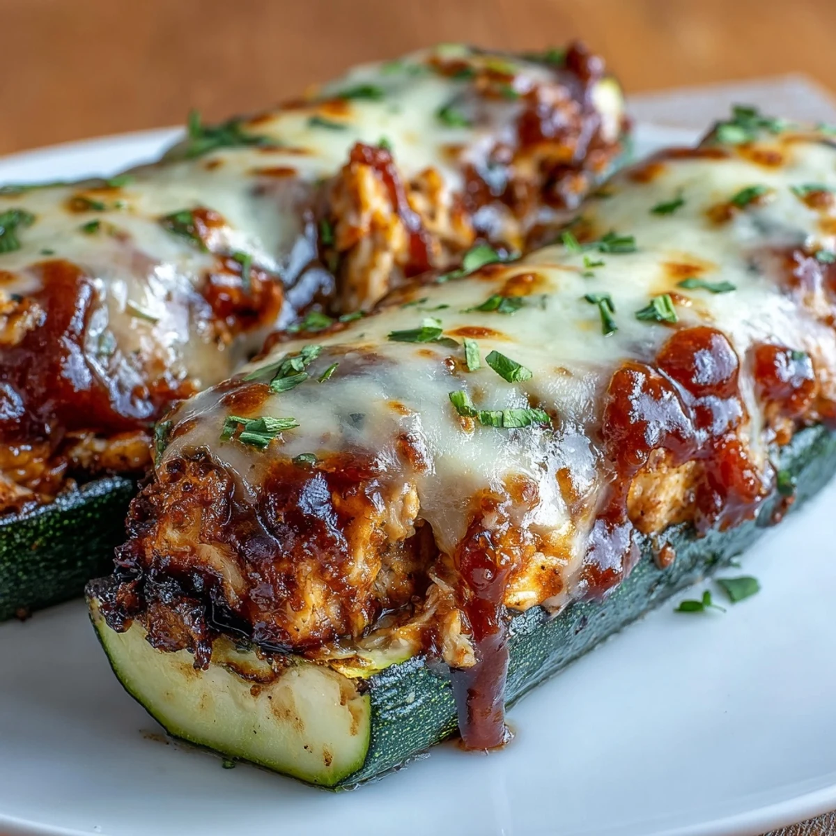 Low-carb BBQ chicken zucchini boats topped with cheddar, garnished with fresh cilantro for a light and flavorful dinner.