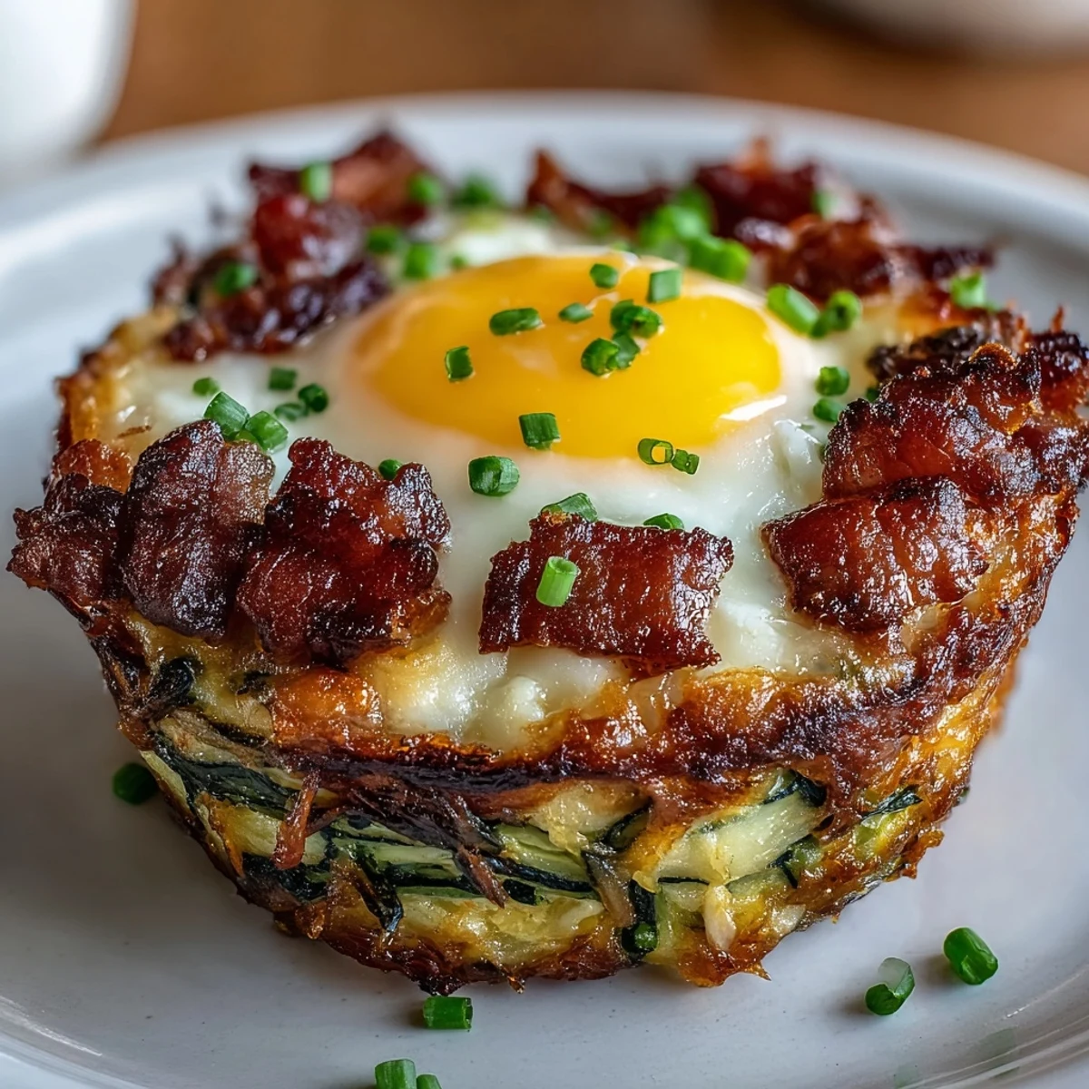 Keto bacon and egg zucchini nests baked to golden perfection, with crispy edges and runny yolks for a hearty breakfast.  