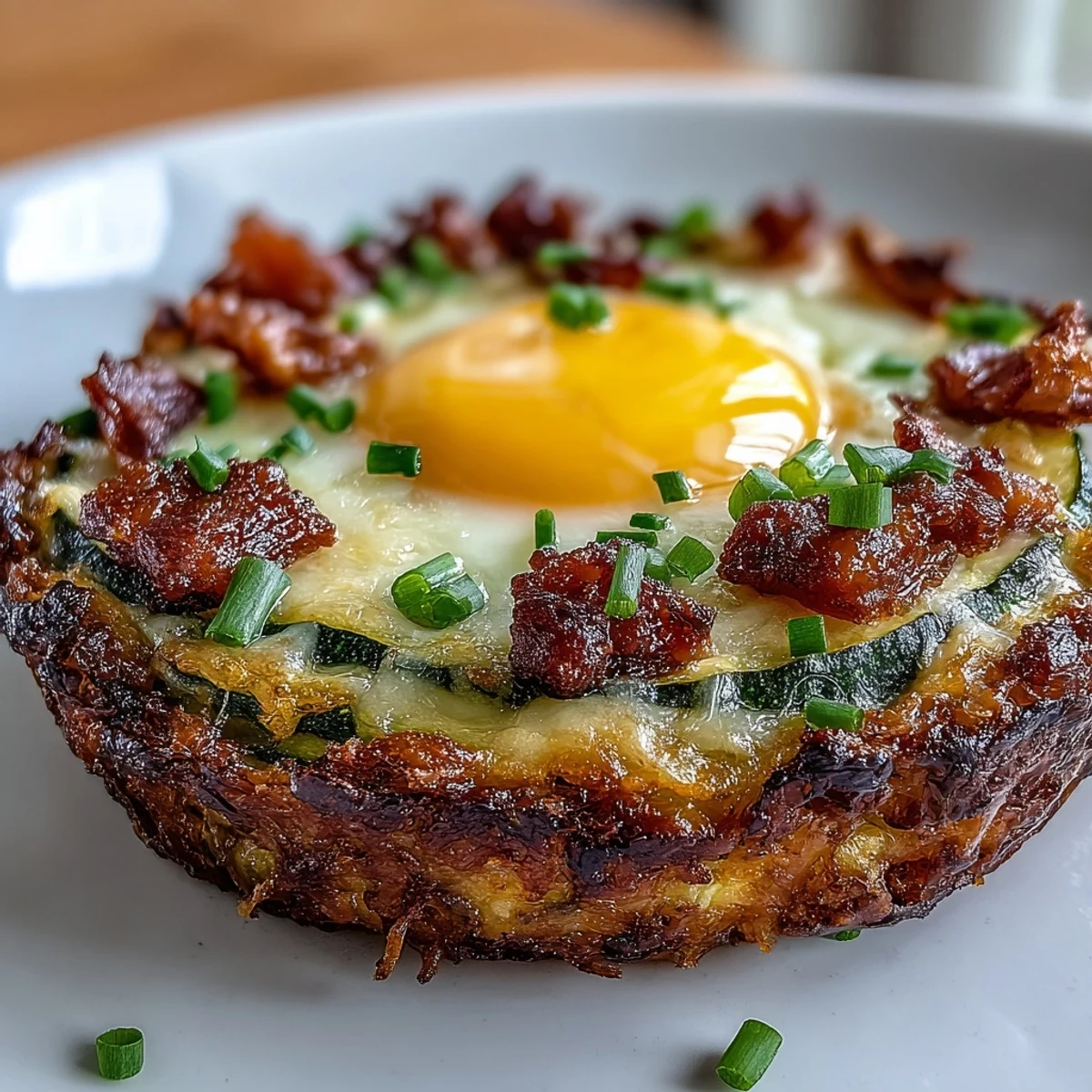 Wholesome zucchini nests filled with smoky bacon crumbles and baked eggs, offering a low-carb, protein-rich morning meal.  
