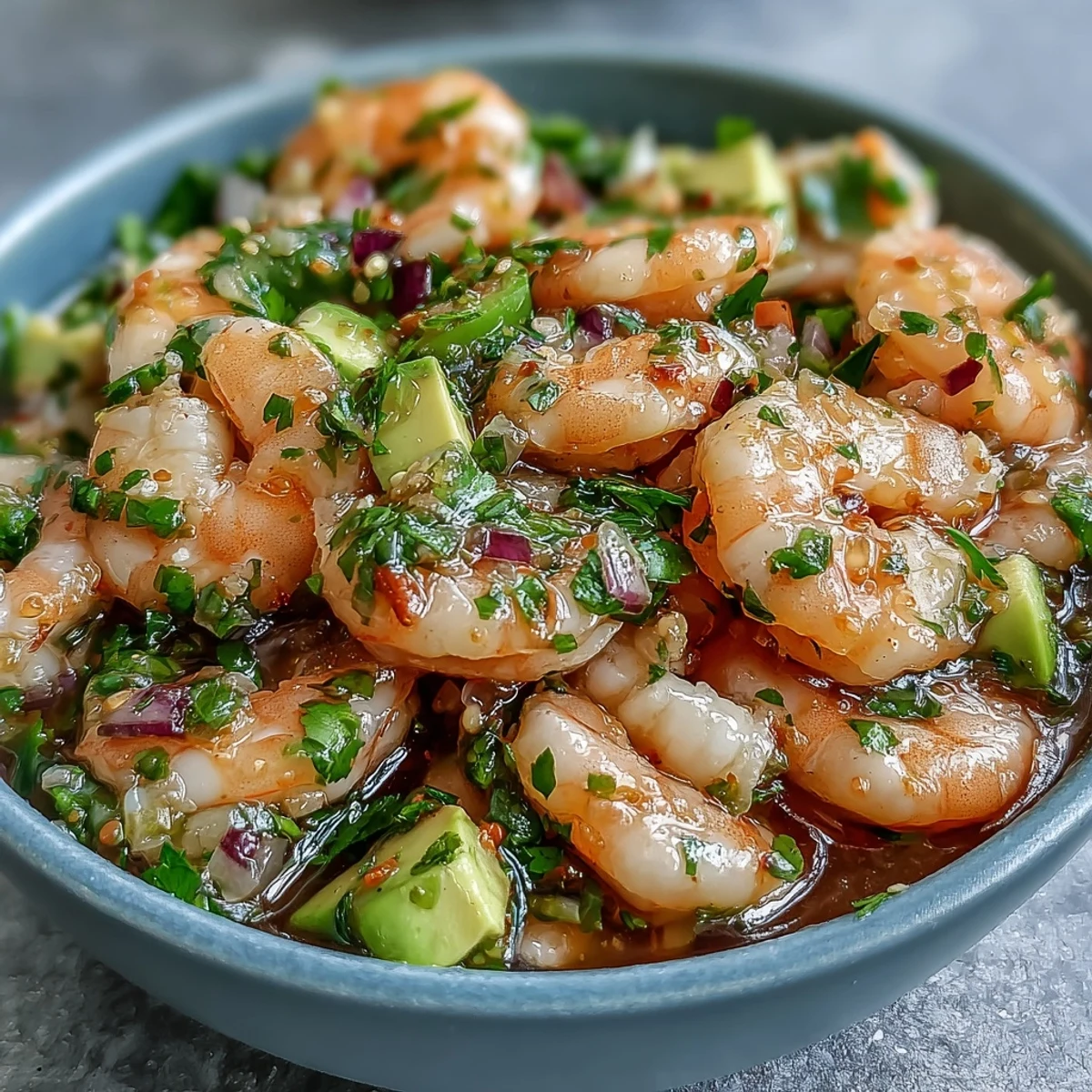Fresh raw shrimp "cooked" in lime juice, tossed with jalapeño, red onion, and avocado, creating a bright and spicy Latin American seafood dish.