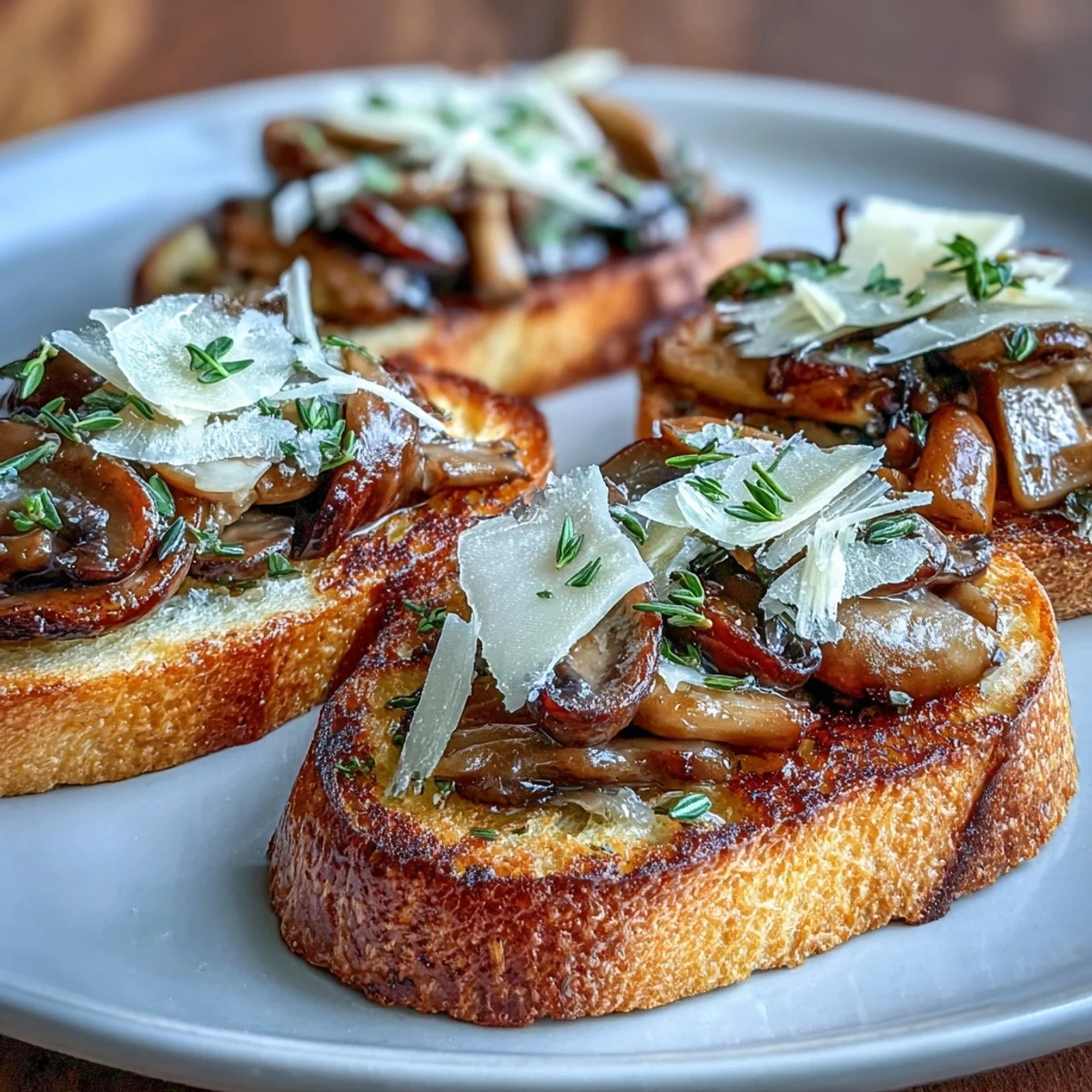 Delicious Wild Mushroom & Garlic Crostini appetizer with buttery wild mushrooms, shaved Parmesan, and fresh thyme garnish.  