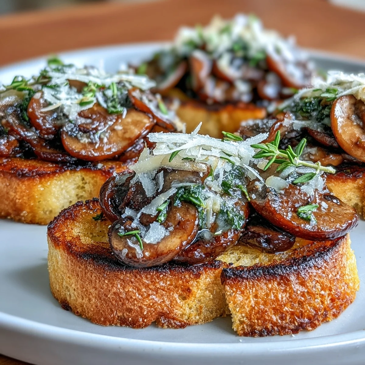 Easy Wild Mushroom & Garlic Crostini featuring garlicky baguette slices topped with savory sautéed mushrooms and Parmesan shavings.