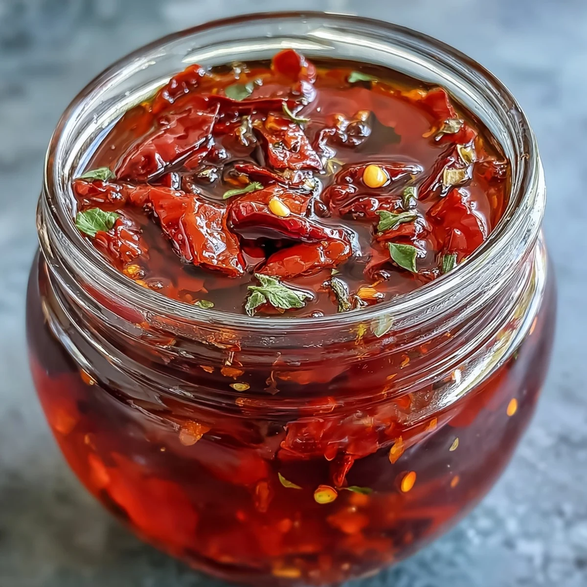 Fiery homemade Calabrian chili oil infused with garlic and herbs, perfect for drizzling over pizza or pasta.  