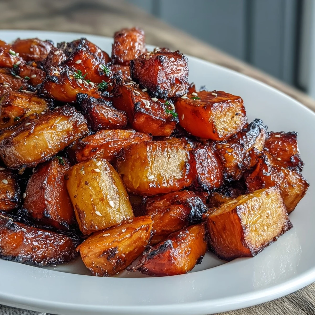 Roasted miso-butter vegetables with caramelized edges and rich umami flavor, perfect as a hearty vegetarian side dish.  