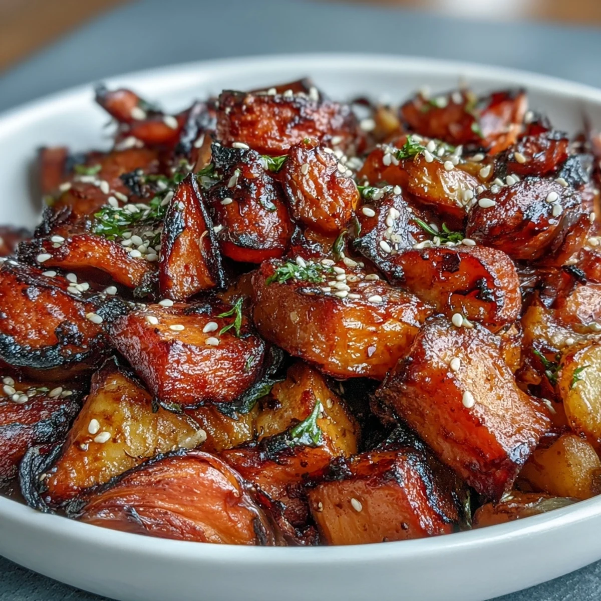 A colorful mix of seasonal vegetables tossed in savory miso-butter glaze and roasted until tender and golden.  