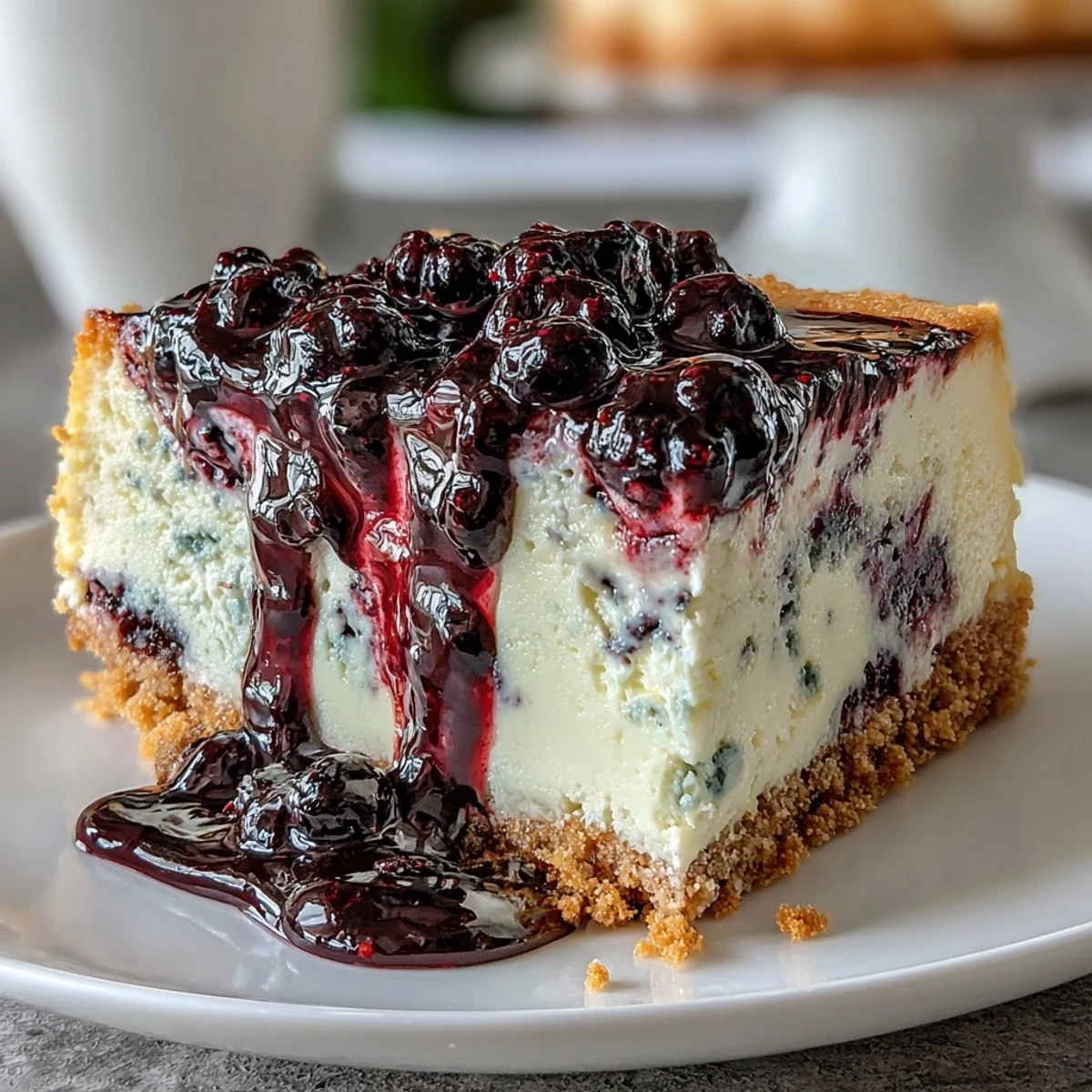 Decadent black currant cheesecake with a velvety filling and vibrant berry swirl on a buttery crust.  