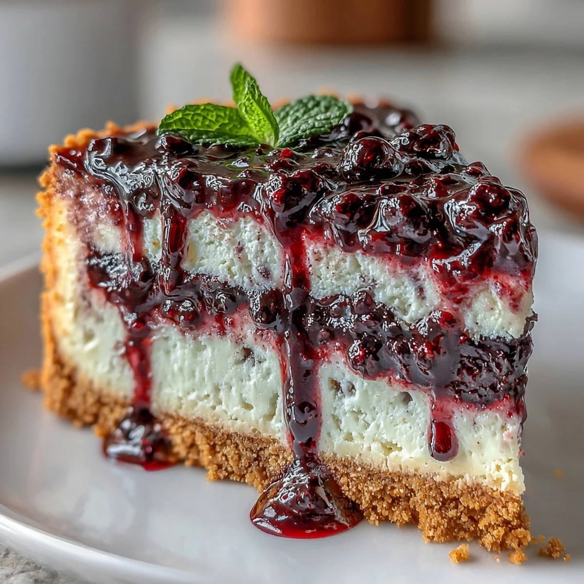 Sophisticated black currant cheesecake with a smooth texture and striking berry swirl, perfect for special celebrations.