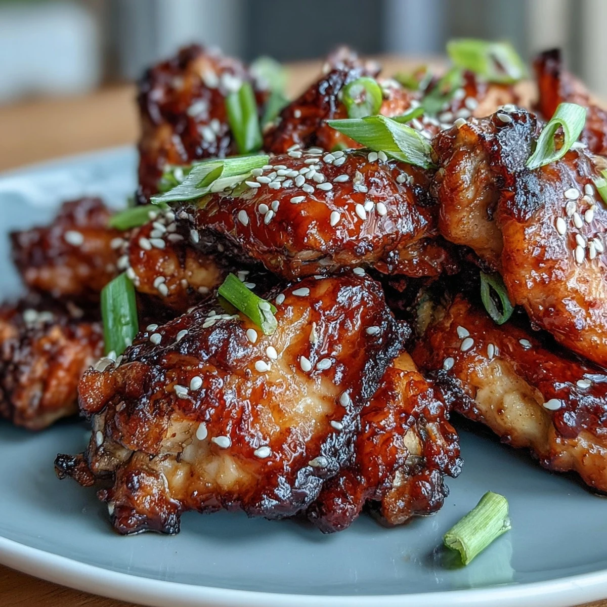 Crispy air fryer chicken wings glazed with sticky honey garlic sauce, garnished with sesame seeds and green onions.