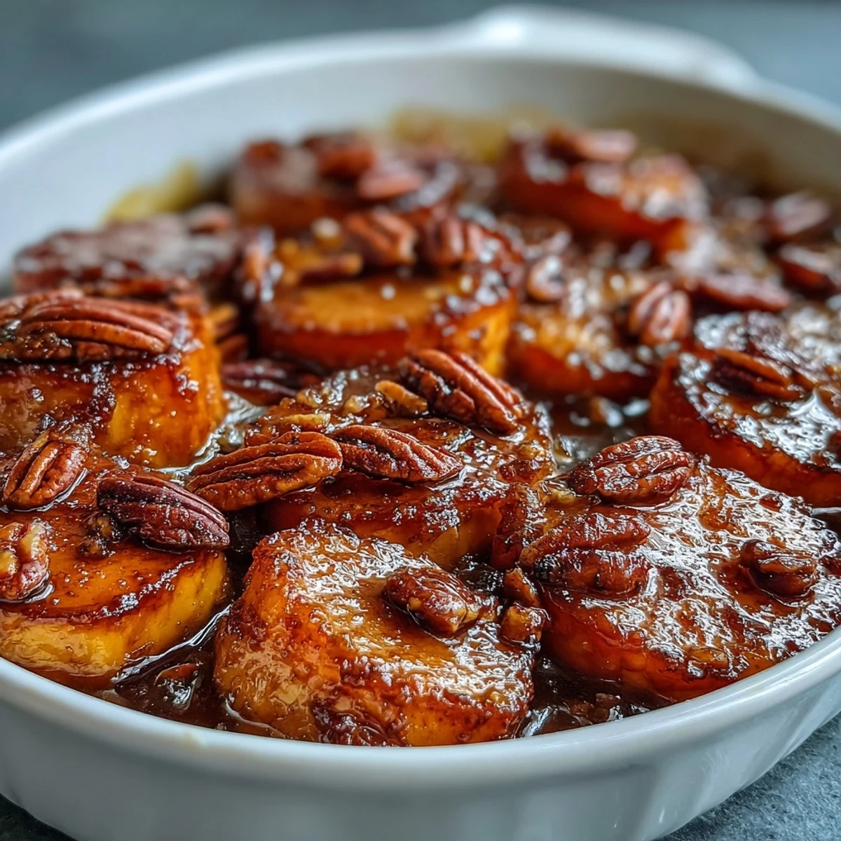 Tender yams baked in a luscious bourbon and brown sugar glaze, topped with chopped pecans for crunch.  