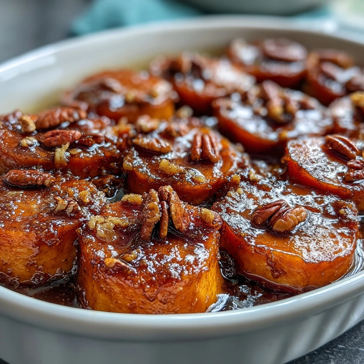 Oven-roasted candied yams infused with bourbon, cinnamon, and nutmeg, served as a festive holiday side.