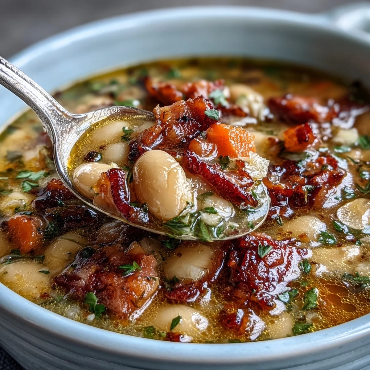 A comforting bowl of Ham and Great Northern Bean Soup, rich with tender beans and savory ham in a slow-cooked broth.
