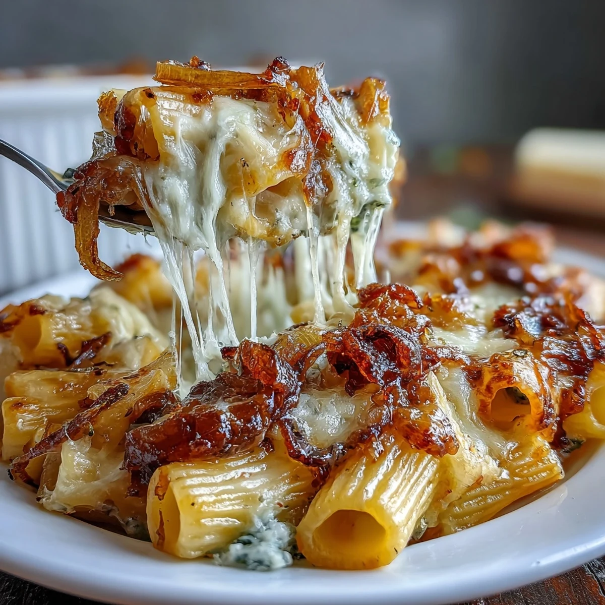 Comforting French Onion Soup Pasta Bake featuring tender pasta baked with rich broth, Gruyère, and crispy cheese crust.
