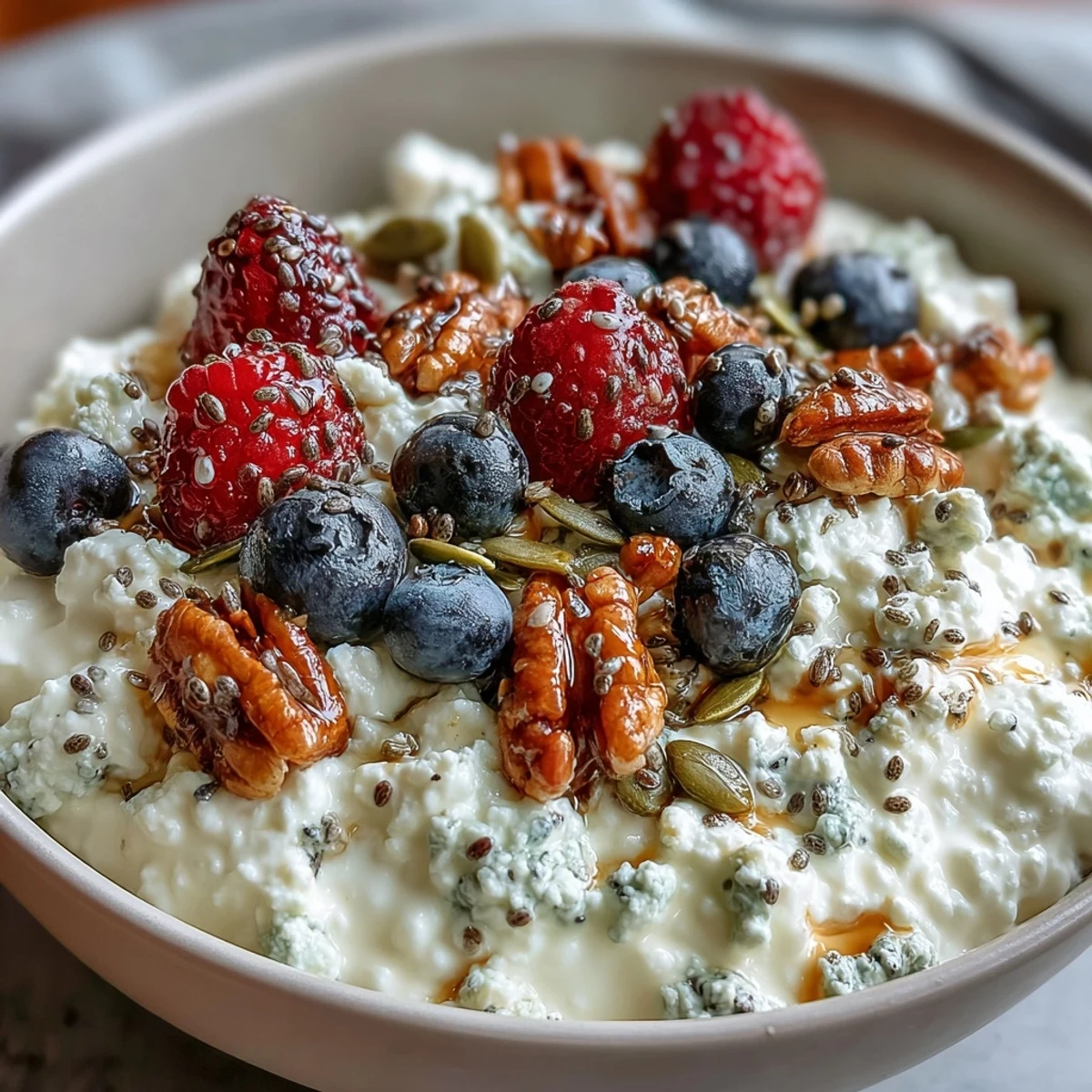 Creamy cottage cheese breakfast bowl bursting with juicy berries and a sprinkle of nutrient-packed chia, flax, and pumpkin seeds.  
