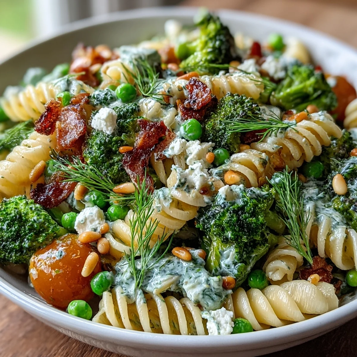Spring Garden Pasta Salad with Broccoli and Peas in a white bowl, tossed with lemon-herb dressing and topped with feta and pine nuts.  