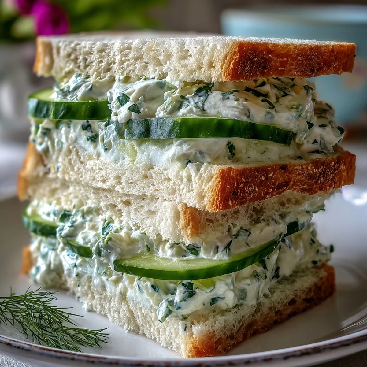 Delicate finger sandwiches featuring thinly sliced cucumber and fresh herbs blended into rich cream cheese spread.