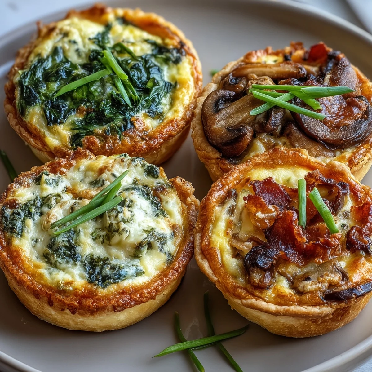 Three bite-sized quiches—spinach with feta, mushroom with Gruyère, ham with Swiss—arranged on a serving platter.  