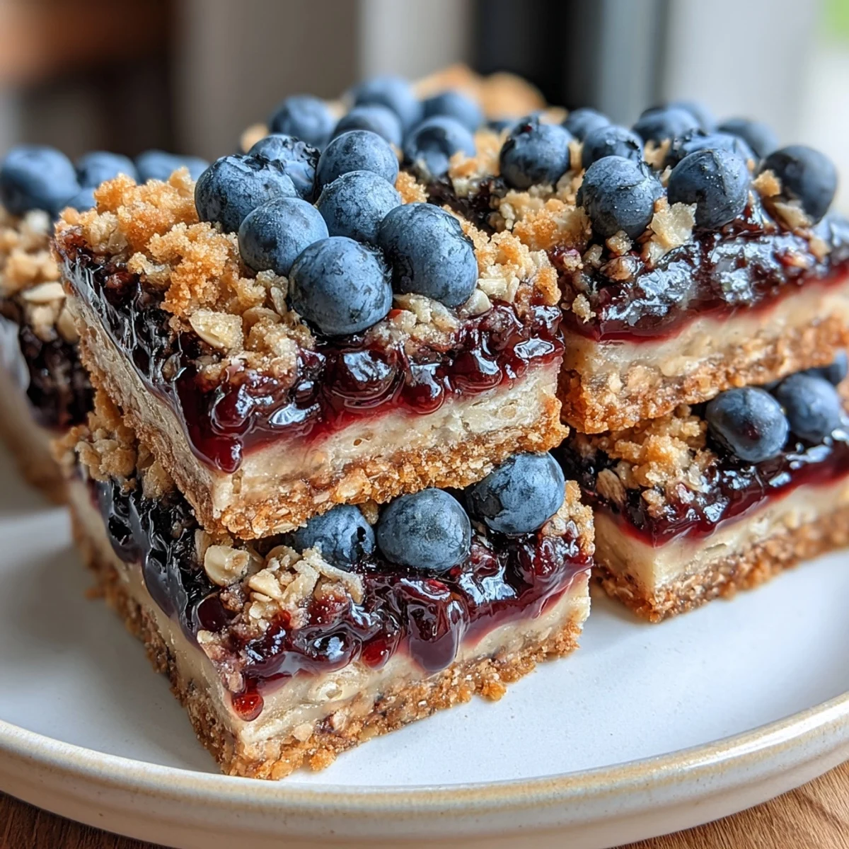 A stack of golden blueberry oat breakfast bars with juicy berry filling, perfect for a wholesome morning snack.