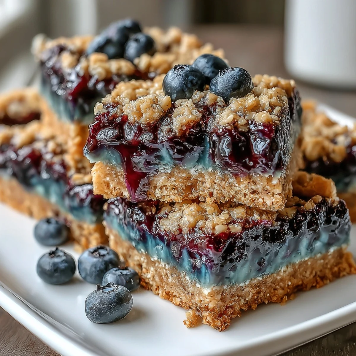 Chewy blueberry oat breakfast bars topped with a crumbly oat streusel, ideal for on-the-go breakfasts or party favors.