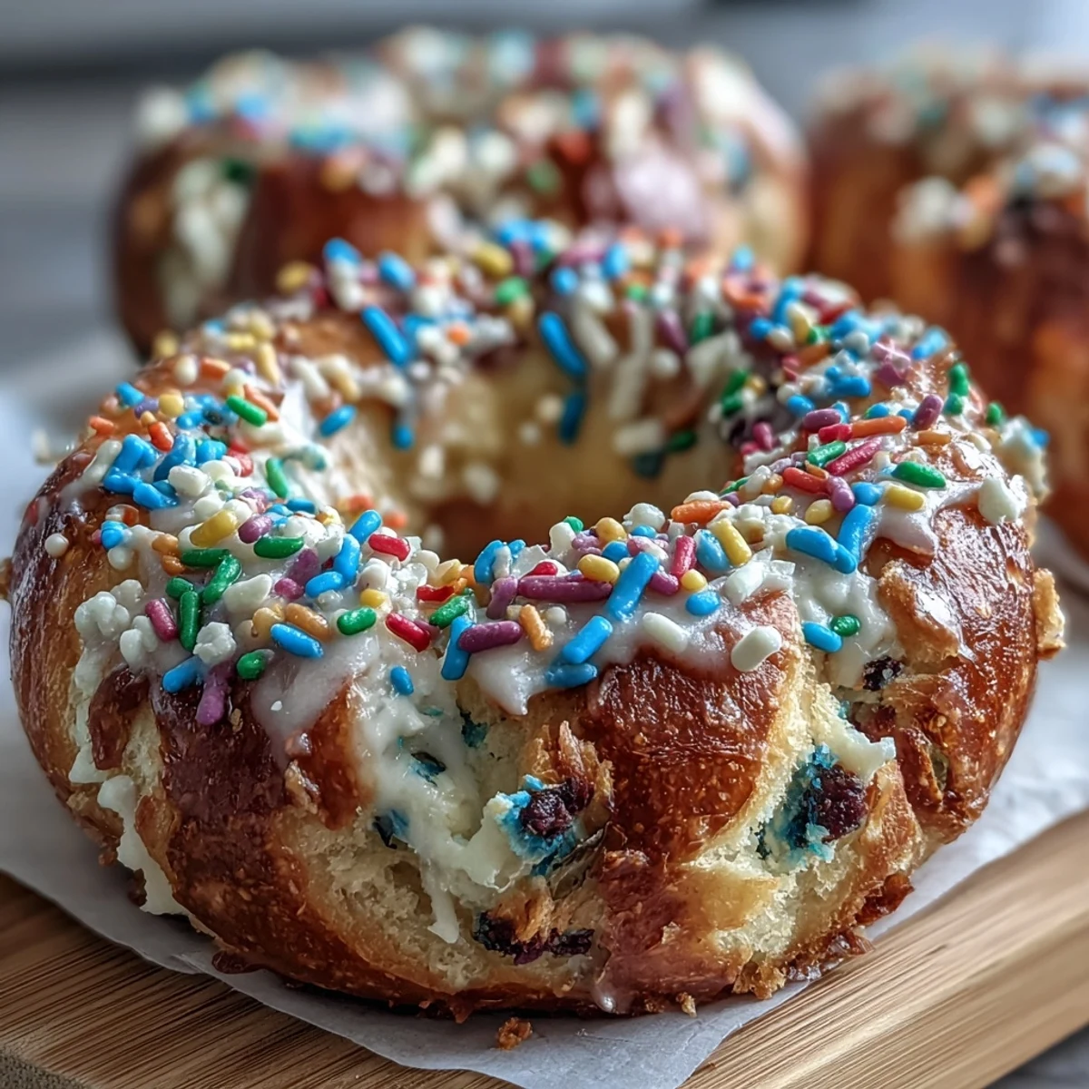 A batch of soft, chewy rainbow sprinkle birthday cake protein bagels, bursting with vanilla flavor and colorful sprinkles.