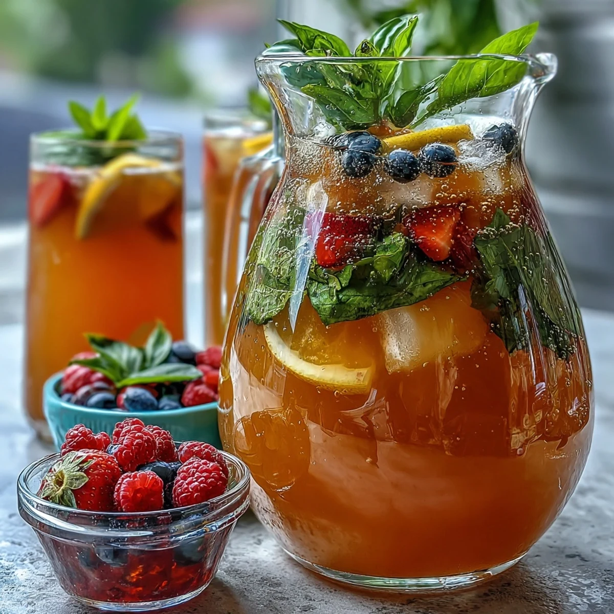Guests customize their glasses at a vibrant lemonade bar featuring fresh strawberries, mint, citrus slices, and sparkling water mix-ins.