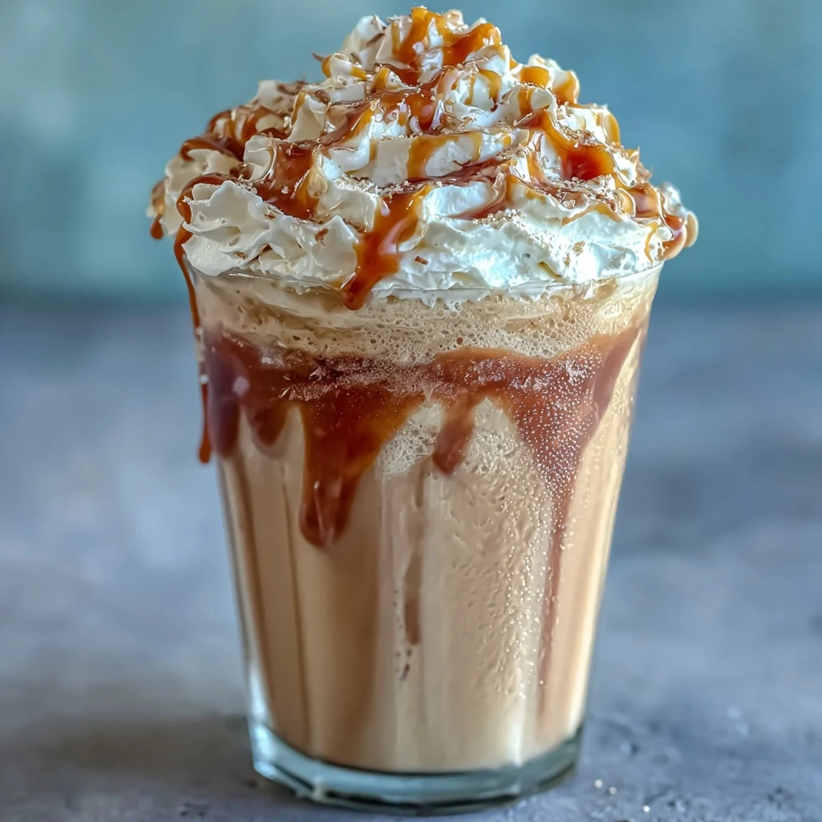 Creamy iced vanilla bean frappuccino with whipped cream and caramel drizzle in a tall glass.
