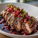 Juicy pomegranate glazed pork tenderloin rests on a platter, glistening with sweet-tart sauce.