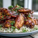 Golden, sticky Oven-Baked Honey Garlic Chicken Wings & Rice, served hot and garnished with sesame seeds for a flavorful American family dinner.