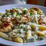 A close-up of Creamy Lemon Feta Chicken Pasta, topped with crumbled feta and fresh parsley.