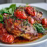 Golden-brown chicken breasts simmered in a tangy balsamic glaze with sweet cherry tomatoes and fresh spinach in a single skillet.