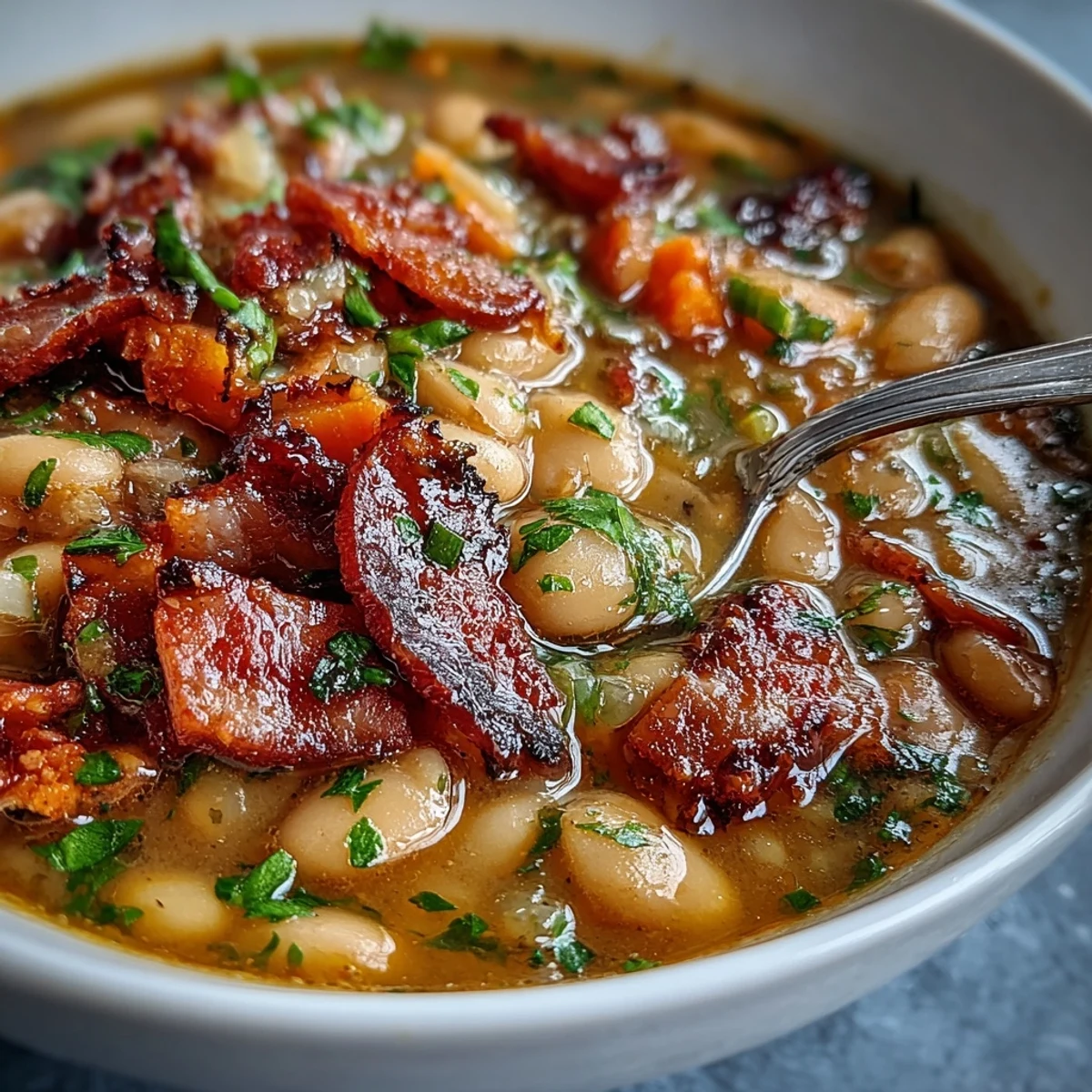 A rustic serving of Ham and Great Northern Bean Soup, featuring hearty beans, diced vegetables, and smoky ham in every spoonful.