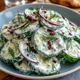 Refreshing creamy cucumber dill salad featuring sliced cucumbers, red onion, and zesty dill dressing—a light, easy side dish.