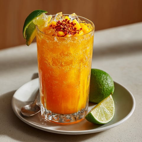Spicy Mango Ginger Fizz with chili and lime sparkles in ice-filled glasses, garnished beautifully.