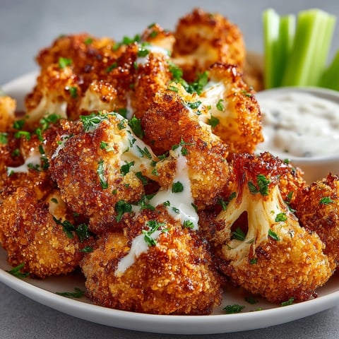Crispy vegan cauliflower wings coated in spicy hot sauce, served fresh on a party platter.